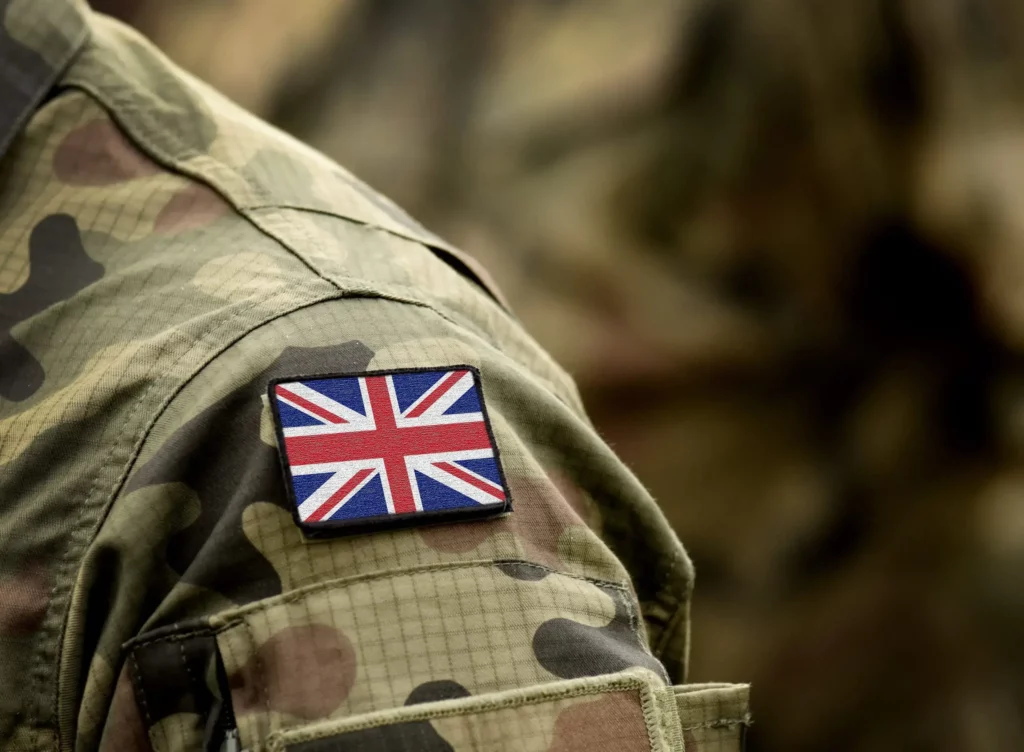 Close up of British flag on soldier's uniform