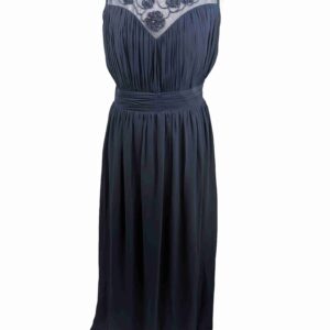 </P> Beautiful Beaded Navy Chiffon Dress Size 14 </P>