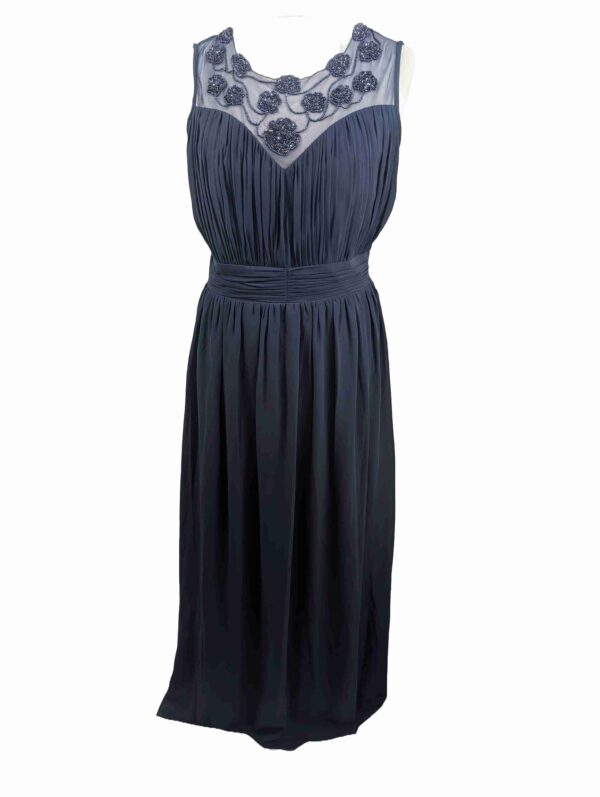 </P> Beautiful Beaded Navy Chiffon Dress Size 14 </P>